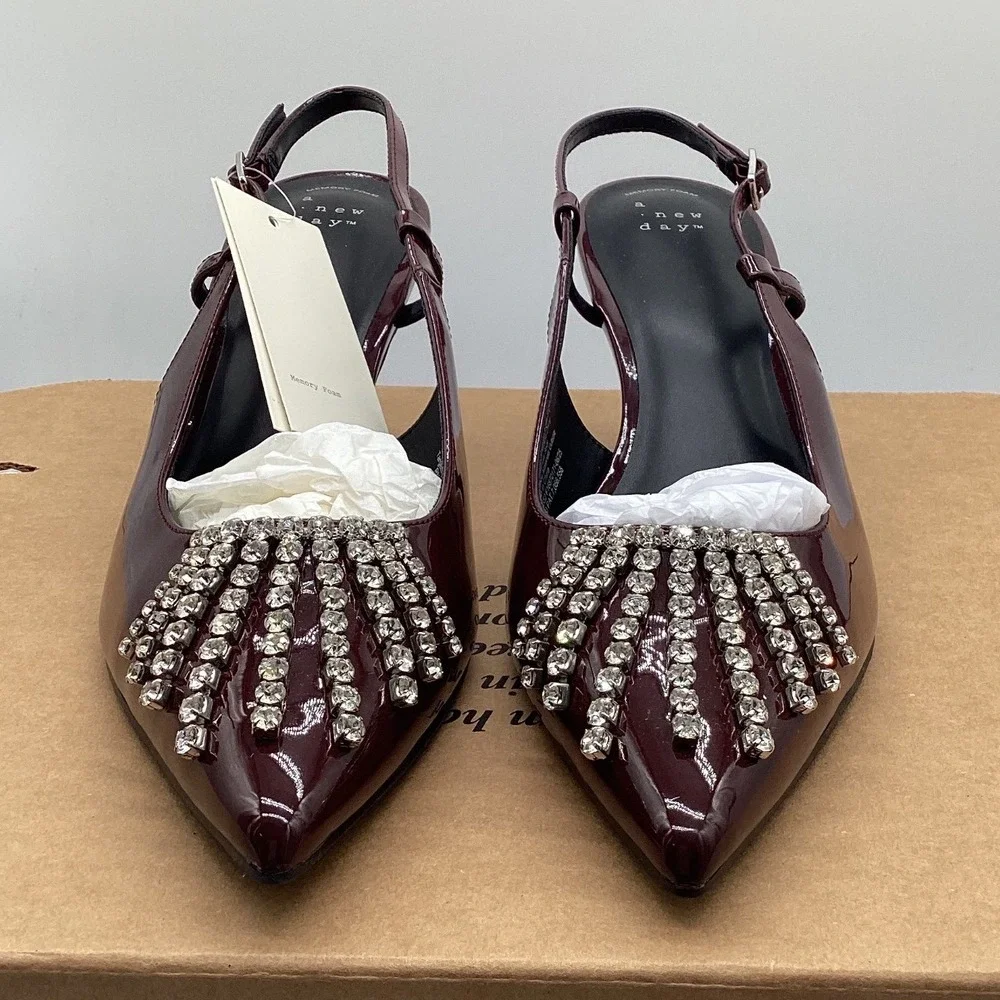 A New Day Womens Burgundy Patent Rhinestone‎ Slingback Kitten Heel Pumps Size 11